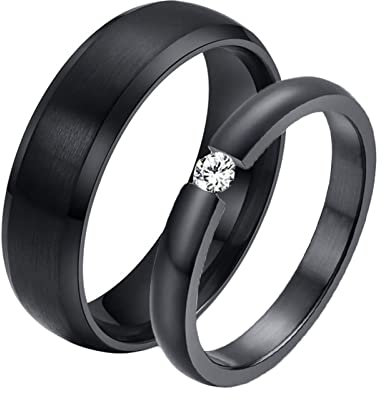 Homxi Eheringe mit Gravur,Eheringe Set Edelstahl 4/6MM Schwarz Ring mit Rund Poliert Zirkonia Eheringe Paare Damen 62 (19.7) + Herren 62 (19.7)