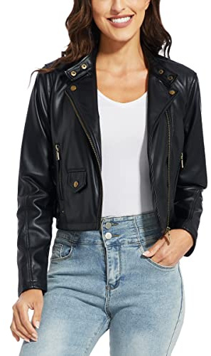 Fahsyee Faux Leather Jacket Women - Black Motorcycle Cropped Short Coat Moto Biker Blazer Slim Size Casual Soft Jackets Fashion L