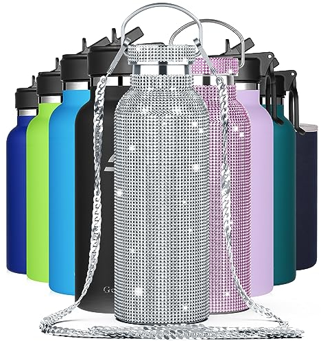 GeeRic Diamant Wasserflasche, Trinkflasche Edelstahl Doppelwandige 500ml Auslaufsicher BPA-frein, mit Kette, für Frauen rostfrei Isolierflasche und Hält kalte Mit Tassenbürste, Tassenschutz