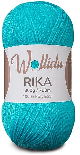 Wollidu Rika-garn för virkning och stickning, 300 g/798 m stickgarn, 100 % polyakryl, virkgarn, turkost
