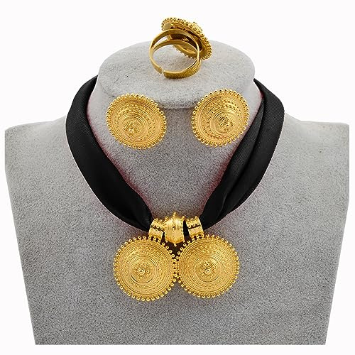 DELLEN Accessoires für Damen und Herren Seilkette Äthiopischer Schmuck Set Gold Farbe Eritrea Ethnischer Stil Anhänger Ohrringe Ring Weihnachtliches Geburtstagsgeschenk für Jubiläen