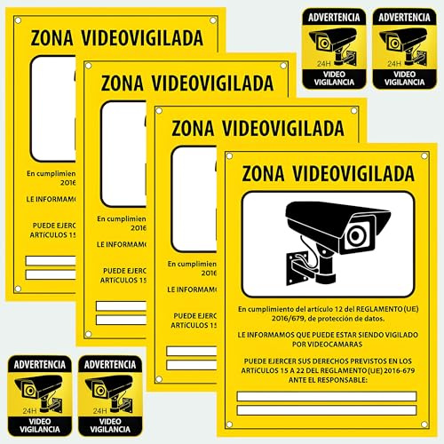 ITALMI Pack 4 Cartel Videovigilancia Homologado de PVC 15x20 cm y 4 Pegatinas Zona Videovigilada para Cristales 8x10 cm, Cartel Zona Videovigilada Exterior e Interior para Puertas y Ventanas