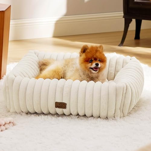 Bedsure ComfyFleece™ Cute Dog Bed for Small Medium Dogs - Washable Furry Puppy Beds, Rectangle Orthopedic Corduroy Fleece Pet Beds with Removable Zipper Cover, 25x21x7inches, Cream