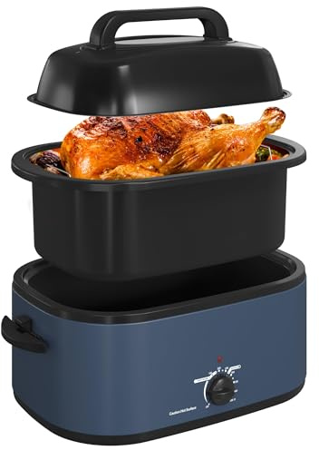 RoyalCraft 24-Quart Electric Roaster Oven with Visible Self-Basting Lid, Turkey Roaster Oven with Removable Pan and Rack, Perfect for Large Meals and Holiday Feasts, Blue