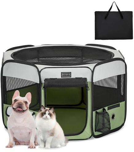 PETSFIT faltbar Welpenauslauf Tierlaufstall für Kleintiere Hunde Katzen,Hundelaufstall Freigehege mit Wasserdichter Boden,Pop-up System Kausicheres Design,Grau/Grün,75 * 68 * 42cm