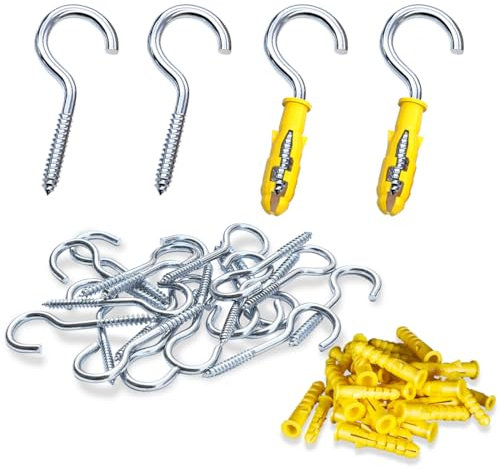 SHSMPXOY 30 Piezas Ganchos de Techo Ganchos Atornillables de Acero al Carbono 40mm Ganchos de Rosca con Tornillo de Expansión para Cestas de Plantas Casas de Pájaros Ratán,Decoración de Navidad