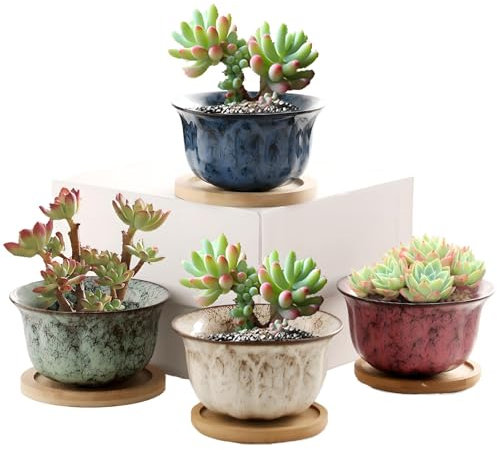 XUDREZ Ceramic Succulent Plant Pot Set of 4,Small Plant Pots Indoor with Tray,Mini Colourful Set Cactus Succulent Pots Home decorations Décor Style Two