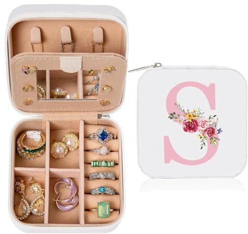 hamatata Joyero con Nombre Inicial S joyero Pequeña Portátil Joyero Viaje con Espejo Mini Joyero Personalizado Organizador de Joyas para Mujer Niña Regalo de Cumpleaños Día de la Madre Navidad Blanco