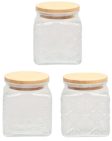 MA MAISON Set di 3 Barattoli con Tappo in Legno - Adatti per la Conservazione di Alimenti come Pasta, Legumi, Caffè e Biscotti - in Vetro con Fantasie Assortite 10x10 cm