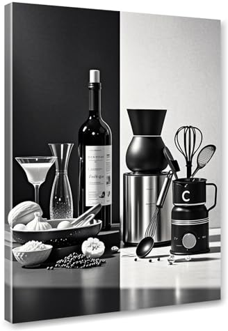 Black and White Kitchen Canvas Wall Art Dining Room Wall Decor Wine Bottle Seasoning Spoon Kitchen Picture Poster Prints Artwork Painting Dining Room Restaurant Bar Home Decorations 12x16 Inch Framed