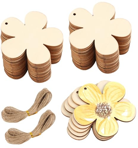 50 Stück Holzblumen, Holz Blumen Scheiben mit Schnur, 7,5 x7,5 x 0,3cm Holzblumen zum Bemalen, Naturholzscheiben zum Basteln, für DIY Handwerk Scrapbooking Party Zubehör Holz Verzierung