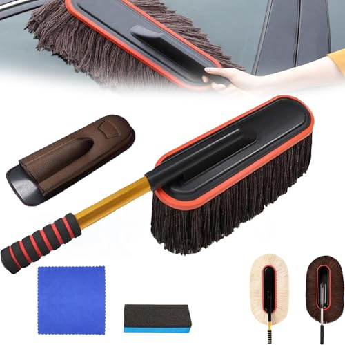 Nicetopu - Plumero para coche, con mango telescópico extensible, sin arañazos, cepillo de lavado con mango largo para limpiar todos los coches (café)
