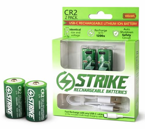 CR2 Rechargeable Batteries 2‑Pack USB‑C 3.7V 1000mWh with BMS Safety