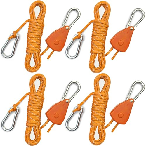 Longer 15ft Paracord Rope Tie Down Ratchet Strap Small Reflective Portable Adjustable Fix Camping Rope Tent Tarp Tie Downs Grow Plant Light Hangers Pulley Tightener Tensioner Adjuster 1/8in 4Pack