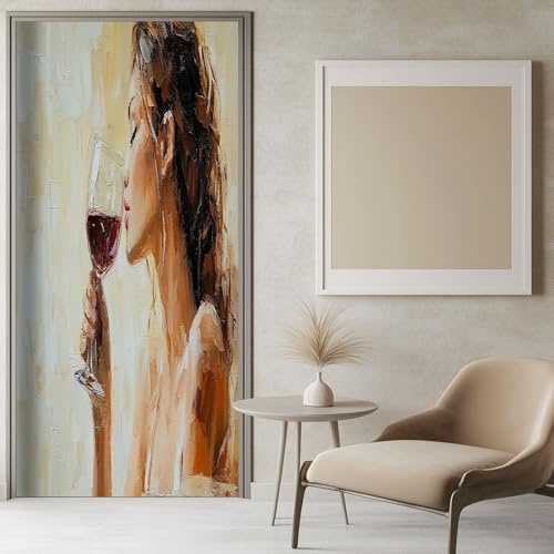 Puerta Pegatina Mujer Bebiendo Estilo Pintura Al Óleo 77x200 cm Beige 3D Puerta Principal PVC Adhesivo Fotográfico Vinilos Puerta Pegatina Pared Murales para Cocina Sala de Baño Decorativos