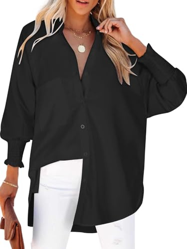 Cuptacc Camisa Mujer Talla Grande Manga Larga Cuello En V Algodon Blusa Elástico Puños Plisados Blusas Color Sólido Transpirable Sin Arrugas Top Talla Grande Negro XXXL