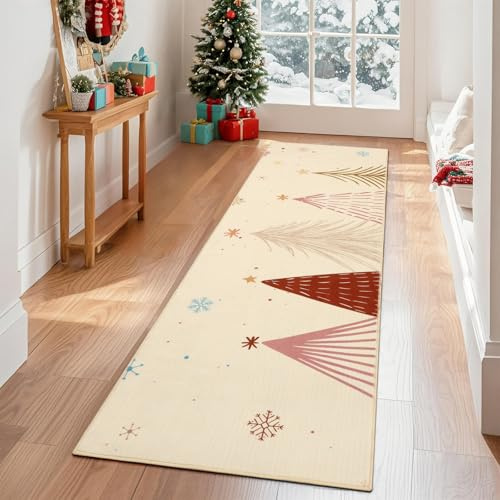 TUKDAK Weihnachtsteppich Läufer 60x180cm,rutschfest Waschbar Teppich Weihnachten,Beige Niedlich Kurzflor Weihnachtsläufer Teppich,Küchenteppich Weihnachten,Küchenläufer Teppichläufer Flurläufer