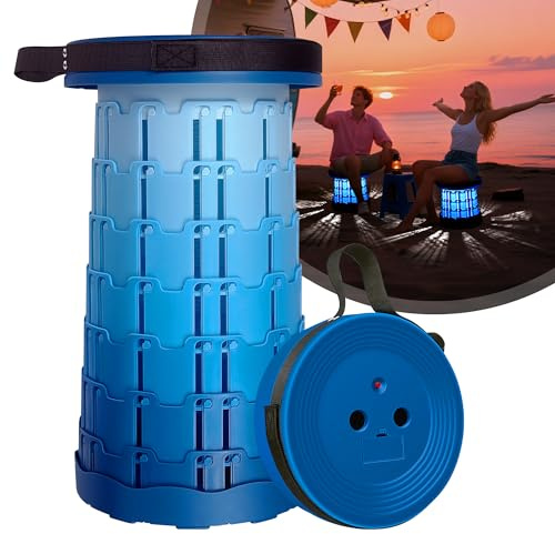 AearKing Teleskophocker Faltbar mit LED-Licht, Tragbarer Klapphocker, Dopple-Schnallen, Tragbarer Teleskophocker, Campinghocker, Verstellbare Klapphocker Faltbar für Garten, Angeln, Belastung 150kg