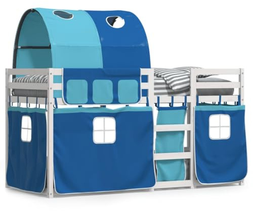 Goldicoo Kinder Etagenbett mit Vorhänge & Tunnel – Rosa Blau Schwarz – 75x190 80x200 90x190 90x200 – Massivholz Kiefer – Kinderbett für Jungen und Mädchen