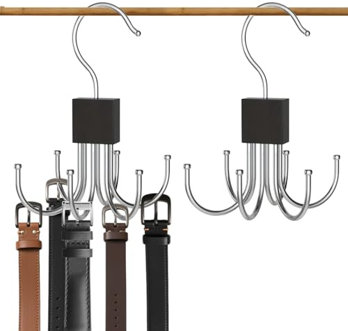 2Pcs Belt Hanger for Closet, Belt Hanger for Wardrobe, Rotatable Hanging Holder with 6 Hooks, Hanging Holder Storage Hook for Belt Socks Gloves Accessories