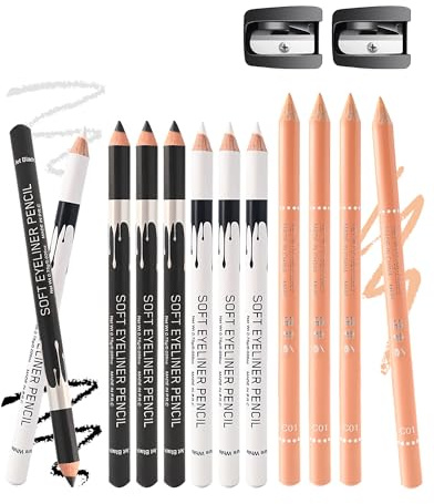 12 Pcs Crayon Yeux Mat Kit, Noir Blanc Nude Soyeux et Doux Eyeliner Pencils avec 2 Taille-crayon, Waterproof et Longue Tenue, Hypoallergénique, Intense Colour Multi-use Eye Liner Maquillage Femmes-D