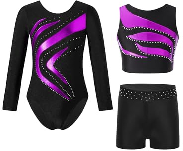 Alvivi 3 Stück Mädchen Turnanzug Langarm Gymnastikanzug Streifen Turnbody + Sport BH Tops + Shorts Gymnastik Leotard Tanzanzug B Lila 134-140