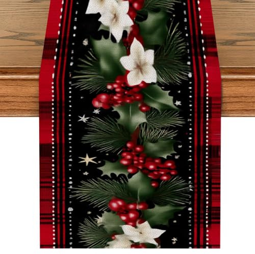 Camino de mesa navideño, 240 cm, tartán rojo con acebo y flores blancas, decoración rústica chic