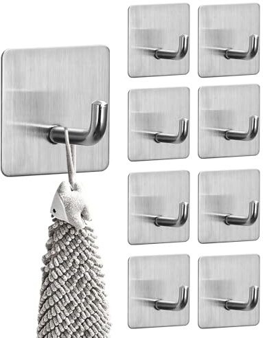 ALONK 9 Stück Klebehaken Selbstklebend, 304 Edelstahl Selbstaht Klebehaken, Haken Extra Stark für Badezimmer, Wandhaken ohne Bohren, Handtuchhaken Kleiderhaken für Bad Küche, Silber