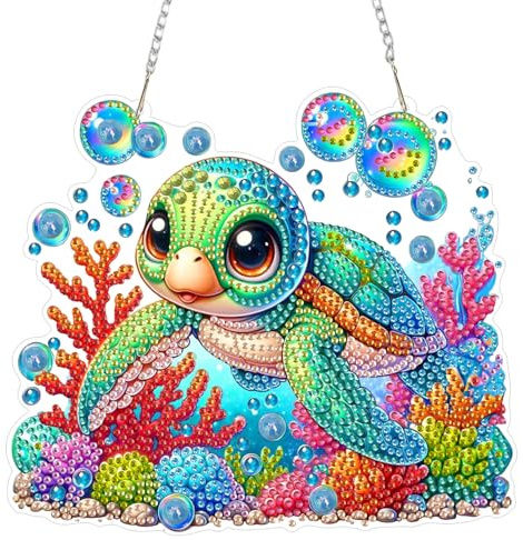 AIRDEA DIY Cartoon Turtle Diamond Art Ornament Kit for Adults, Double-Sided Coral Reef Bubbles Diamond Painting Hanging Kit, DIY Acrylic Special Shaped Drills Hanging Suncatcher