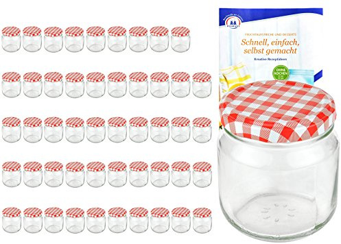 MamboCat 50er Set Rundgläser 212 ml nieder Deckelfarbe rot weiß kariert to 66 inkl. Diamant Gelierzauber Rezeptheft, Marmeladengläser, Einmachgläser, Einweckgläser, Gläser