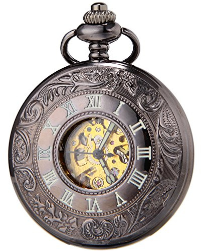 SEWOR Skeleton Mens Analoge Automatische Mechanische Taschenuhr mit Edelstahlkette SEW135 (Black)