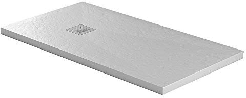 Essence ArredoBagno Plato de ducha de 80 x 200 cm, piedra Mineralmármol resina – Jade – Efecto roca – Grosor 3 cm – Rejilla cromada de acero inoxidable – Color blanco