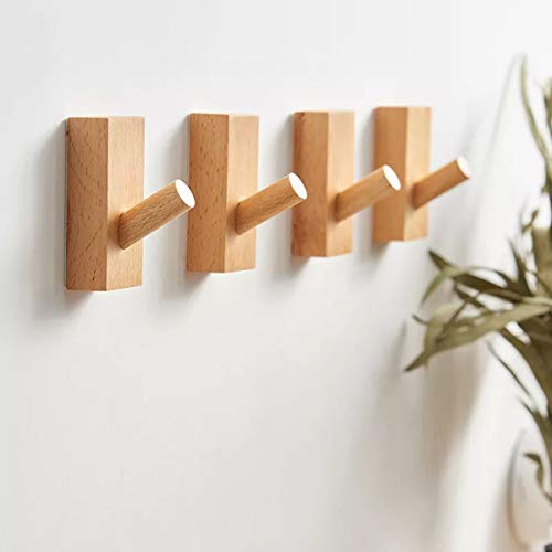 HomeDo Decorative Wood Wall Hooks, Heavy Duty Coat Hooks, Beech 4Pack | Rustic Style, Holds up to 33 Lbs, Hat Rack, Hangs Towels, Keys, Purses & Bags, for Living Room, Kitchen, Bathroom