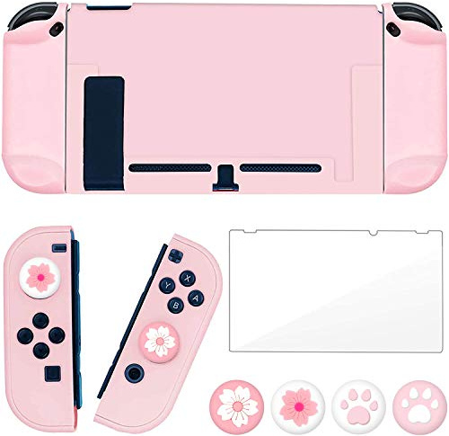 OLDZHU Rosa Dockable Schutzhülle Kompatibel mit Nintendo Switch Joy-Con Controllern,mit Glas-Displayschutz,4 Daumengriffkappen,Stoßdämpfung und Kratzfes,rosa zubehör für Nintendo Switch