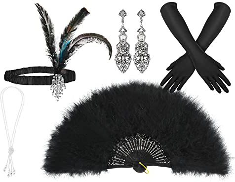 Blulu 1920er Gatsby Kostüm Zubehör Set für Frauen inklusive 1920er Kopfschmuck, Baumeln Ohrringe, Elastische Satin Handschuhe, Schwarzer Halter, Perle Halskette und Vintage Feder Fächer