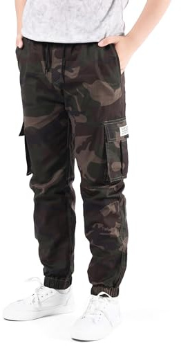 NATUST Boys Cargo Trousers Kids Elastic Waist Joggers Multi Pockets Casual Pants Camo Green 13-14 Years