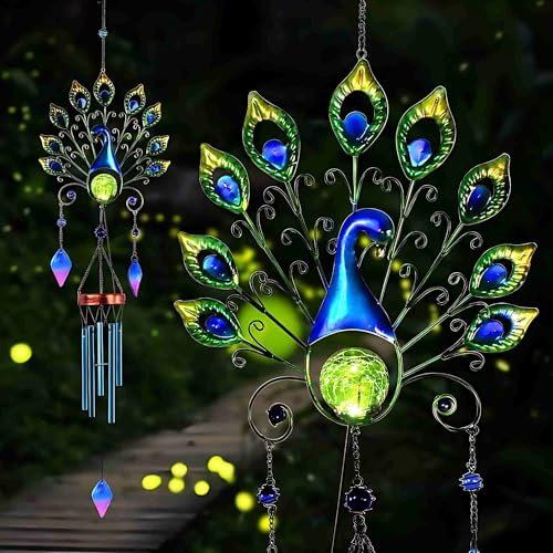 Pearlstar Solar Wind Chimes Outdoor, Gifts for Mom Women, 53.5 Large Metal Peacock Wind Chimes Light with Crackle Glass Ball, Waterproof for Garden Patio Yard Home Decor