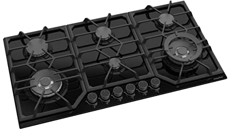 PremierTech Piano Cottura a Gas 6 fuochi, 90 cm, Vetro Nero, Incasso 83 x 49cm, Doppi Bruciatori Wok, Supporti in Ghisa, predisposto Metano e Kit Ugelli GPL inclusi, PC906G