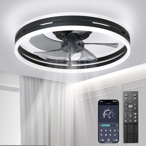 Revneey Leise Deckenventilator Mit Beleuchtung 50W Dimmbare Deckenleuchte Mit Fernbedienung Und APP 6 Geschwindigkeiten Lampe Mit Ventilator Timer Schlafzimmer Wohnzimmer Licht Schwarz,40cm