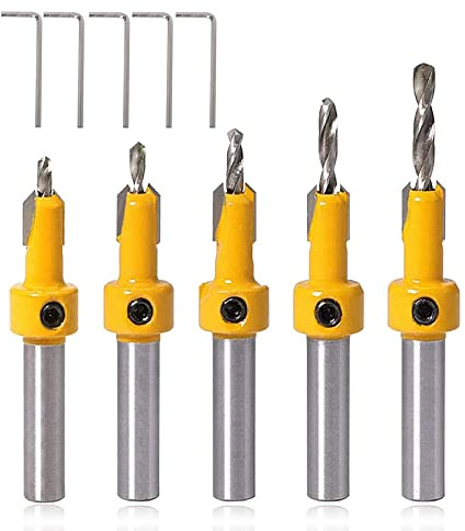 Mesee 5Pcs Foret Chanfrein à Bois de Tige 8mm Fraise à Chanfreiner, Foret d'Amorçage avec Clé Hexagonale, Ensemble Fraisé avec Butée Jaune pour Trous de Perçage du Bois Plastique (2.8mm-4mm)