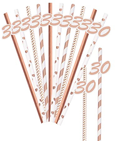 Rose Gold Paper Straws for Birthday Party - 20 Pieces, 4 Styles