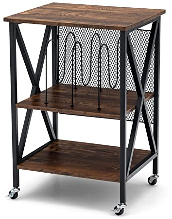 CASART Rolling End Table, 3 Tiers Wooden Record Player Stand with Wheels, X Shaped Steel Frame Sofa Side Table Narrow Classic Turntable Stand for Living Room Bedroom (without Charging Station, Brown)