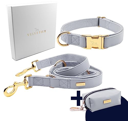 VELVETIER Halsband Set Manhattan (Grau), Leine, Beutelspender, M/L 39-59 cm | Goldene Beschläge, veganes Leder, für mittlere und große Hunde, Boxer, Labrador