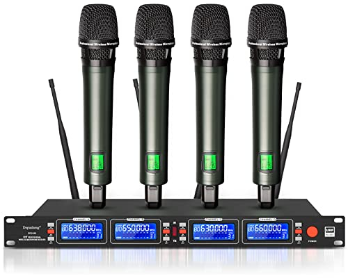 Depusheng DR2400 Funkmikrofon professionelles Bühnen 4 Kanal Funk Handmikrofon Metallgehäuse One-Key-Pairing Fernempfang 100 Meter sehr geeignet für Karaoke Party Hochzeit