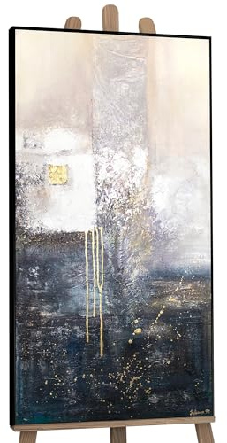 YS-Art Quadro Dipinto a Mano – Bianco Oro Astratto Minimalista, Acrilico Materico su Tela Incorniciato, Decorazione Elegante per Camera e Soggiorno 160x80 cm