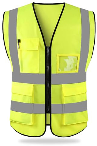 HYCOPROT Hi Vis Viz High Visibility Reflective Safety Vest Waistcoats Jacket Workwear Executive Zip 2 Band Security Mobile Phone Pocket ID Holder (Yellow, M)