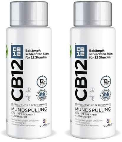 CB12 White Mundspülung: Mundwasser für weißere Zähne und frischen Atem, mit Zinkacetat & Chlorhexidin, Geschmack Minze, alkoholfrei, 250ml (Packung mit 2)