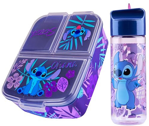 Disney Stitch Porta Merenda Bambino con Scomparti e Borraccia per Scuola o Gite (Blu/Viola)