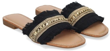 Sandali Bassi Estivi da Donna, Eleganti e Comodi con Dettagli a Frange. Nero Talla 36