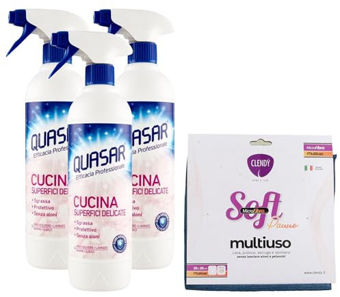 QUASAR SET: 3x Quasar Sgrassatore Spray CUCINA Superfici Delicate 580ml Sgrassa, Protettivo, Senza Aloni. Per Piani a Induzione, Laminati, Marmi e Quarzi + Panno SOFT Microfibra Multiuso Formato 33x33